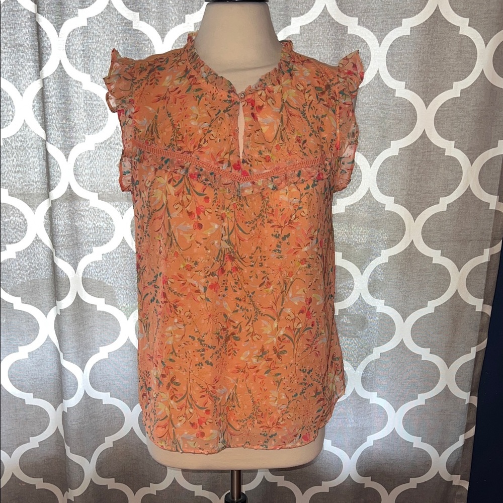 Lauren Conrad Floral Orange Ruffle Sleeve Women's Top